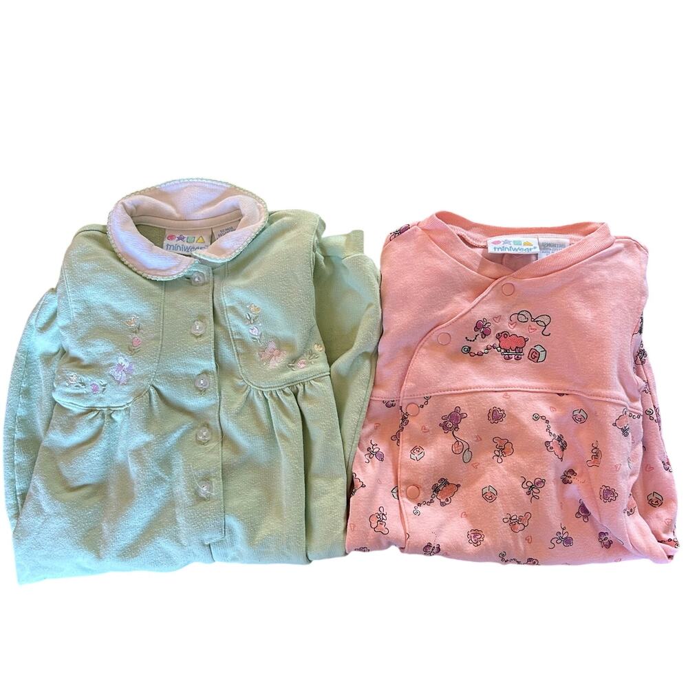 Lot of 2 Miniwear Vintage Baby Girls Sz 12 Months Long Sleeve Rompers Pink Green